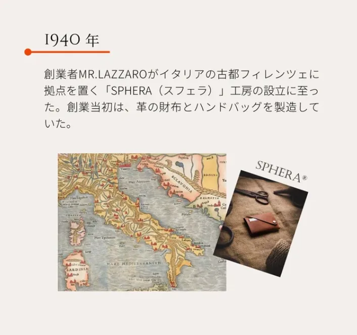 1940年の工房SPHERAの紹介(イタリアの古地図と革小物の写真)